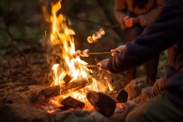 couple roasting marshmallows over a fire