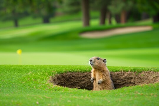 gopher popping out of a tunnel hole on a golf course
