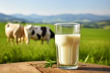 Glass of fresh milk on beautiful green field with grazing cows. Copy space
