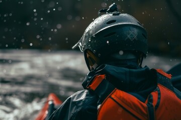 closeup of a person wearing a helmet and life jacket kayaking - obrazy, fototapety, plakaty