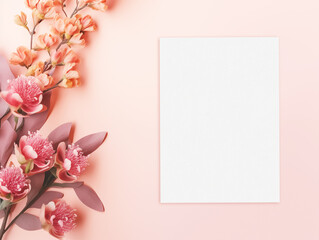 Blank wedding invitation card mockup with flowers and leaves on the pink background. Top view