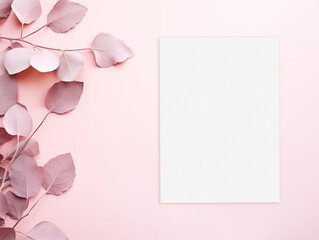 Blank invitation card mockup with leaves on on the pink background. Top view
