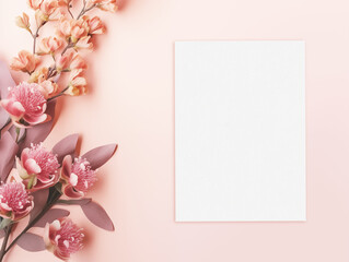 White invitation card mockup with flowers on the pink background. Top view
