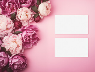 Mockup blank paper cards with pink roses and pions flowers. Top view
