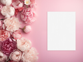 Invitation card mockup with flowers on the pink background. Top view
