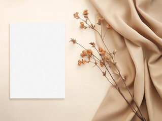 Mockup blank paper invitation card with leaves and beige fabric, top view
