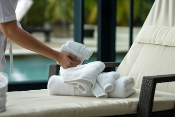 attendant placing fresh towels on spa lounge chair