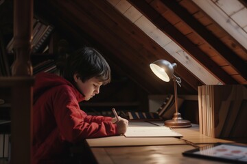 Fototapeta na wymiar kid doing homework at an attic desk with a lamp
