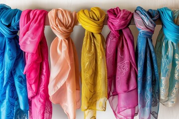 Fototapeta premium colorful scarves neatly draped over a white wooden rack