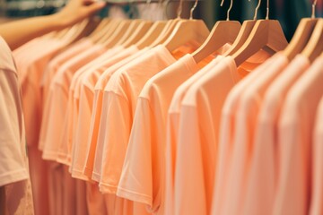 person browsing row of peach fuzz color tshirts on a shop rack