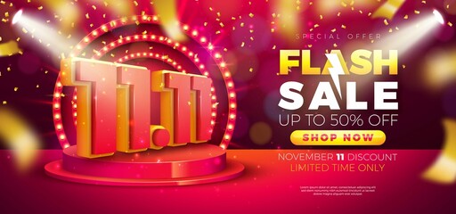 11 November Shopping Day Flash Sale Design With 3D 11 11 Number Stage Podium Red Background