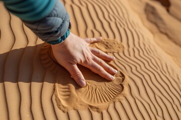 traveler touching the textured patterns of desert sand up close - obrazy, fototapety, plakaty