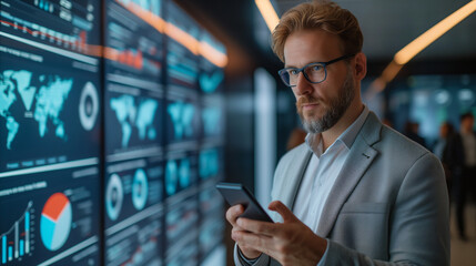 An insurance agent is in a modern branch office, around him there are large screens displaying statistical data, Ai generated Images