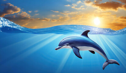 Obraz premium playful dolphin leaps out of the water at sunset, dolphin's body is arched in a graceful jump, colorful sky from the dark blue ocean.