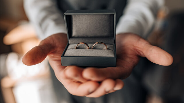 Groom holding small box with gold wedding rings. Men's hands close up, top view. Concept of wedding day. Accessories for engagement.