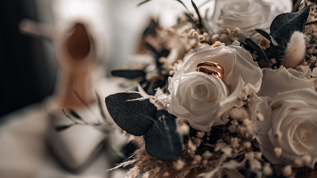 Beautiful rustic boho wedding bouquet and rings close up.