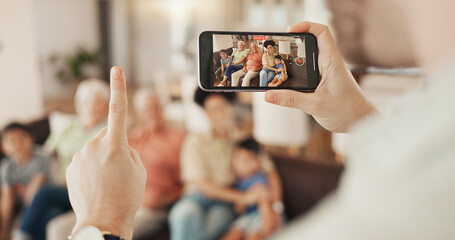 Phone screen, hand or countdown for family picture, photography and memory photo of home bonding,...