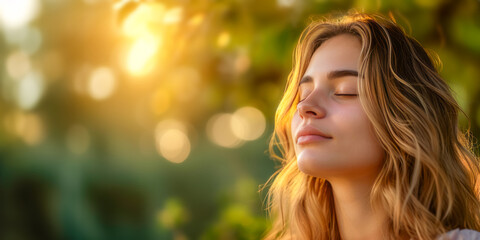 Serene young woman basks in the golden glow of sunlight, her face picture of tranquility and contentment. Concept of mental well-being, mindfulness, and the calming power of nature. Copy space