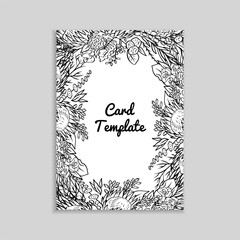 Hand drawn monochrome line art protea flower tropical rectangle vertical frame. Floral greeting card template