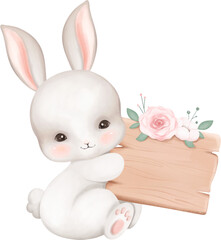 White Rabbit with Wooden Sign and Flowers