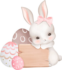 White Rabbit and Easter Eggs with Wooden Sign and Flowers