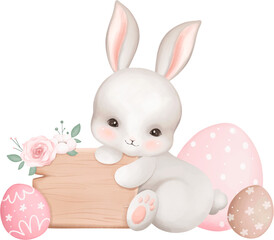 White Rabbit and Easter Eggs with Wooden Sign and Flowers
