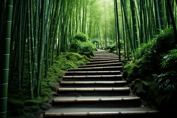 Fototapeta premium Exploring an exquisite trail in the serene bamboo forest. Journey into tranquility.