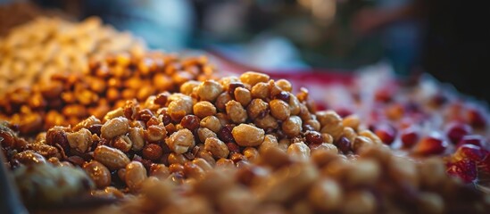 Close-up street food: Sweet candied peanuts, selectively focused and sugary. - Powered by Adobe