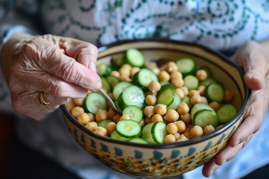 elderly lady savoring a bowl of chickpea salad with cucumbers