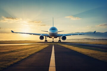 Airplane in the airport runway at sunset. Travel and transportation concept.