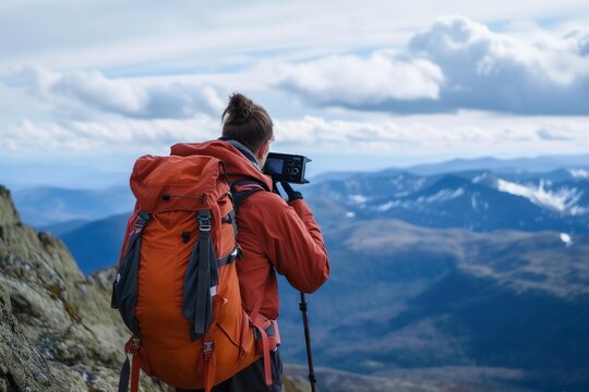 hiker with panoramic camera capturing the summit view
