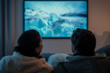 couple watching video about ice age climate