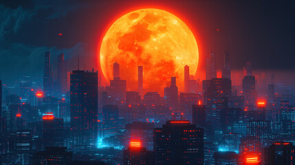 Big beautiful orange moon behind the futuristic cityscape at night with bright lights wallpaper background