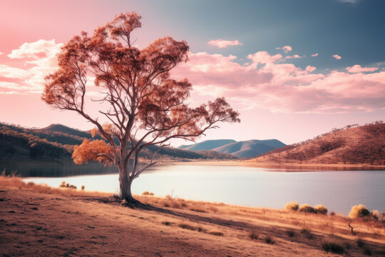 the lake is surrounded by mountains and trees with a lone tree, in the style of light pink and light crimson, uhd image, wildlife photography, australian landscapes, captures the essence of nature
