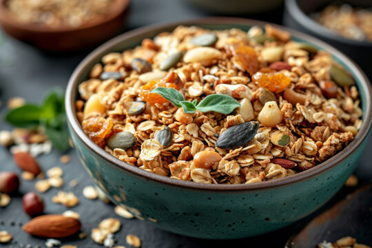 A homemade granola with oats, nuts, and seeds, free of added sugars. Concept of healthful and customizable breakfast choices. Generative Ai.