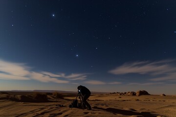 Fototapeta premium photographer setting up a nighttime lapse in the desert, stars dotting the sky
