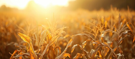 Sunlight illuminating the field of corn in the morning. - obrazy, fototapety, plakaty