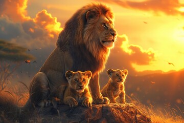Lion Family Photo Shoot A Candid Moment in the Lion's Den Generative AI - obrazy, fototapety, plakaty