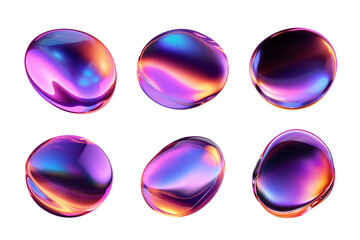 Bold holographic liquid blob shapes set isolated. Y2K iridescent metallic drops or colorful bubbles