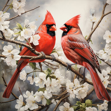 An impressionist watercolor painting featuring cardinals. AI-generated Pro Photo
