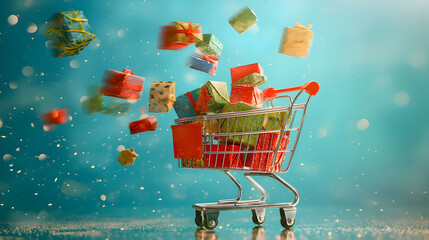 Holiday concept perfect shopping cart filled with colorful Christmas gifts. Buying gifts