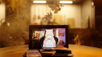 Giving packs of money to VTuber on monitor screen