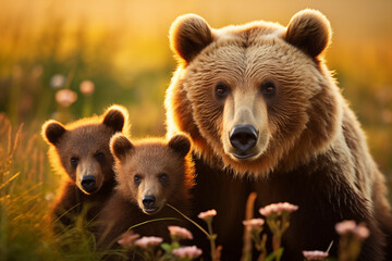 Obraz premium female brown bear and her cubs