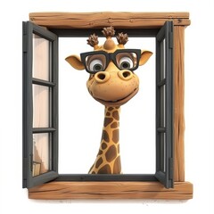 Playful Giraffe Wearing Glasses Observes Through Window, Against White Background for Design & Print