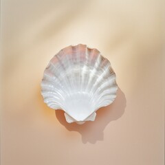 Simple and elegant white scallop shell resting on a pale pink surface with soft lighting