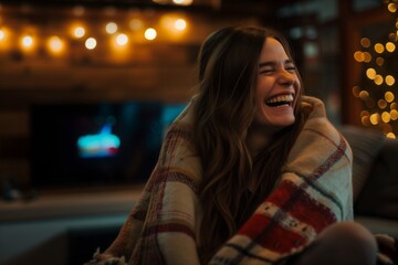 laughing while watching tv, cozily wrapped in a blanket