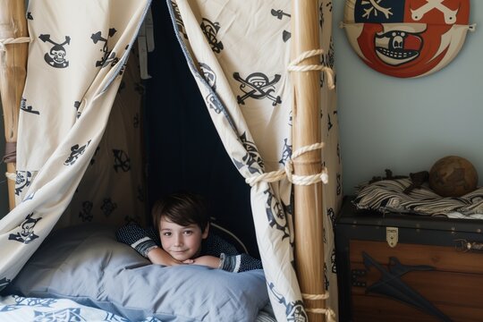 boy peeking out from a tent styled like a pirate hideout in corner