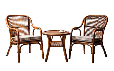 Bamboo dining set of two chairs and one table with cup of tea on it on a White or Clear Surface PNG Transparent Background
