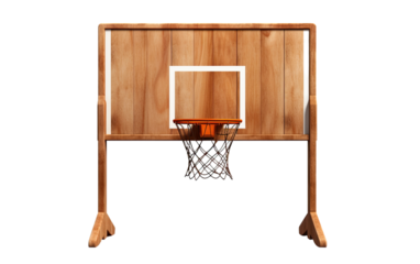 Basketball hoop on wooden stand back board on a White or Clear Surface PNG Transparent Background.