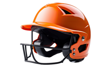 Orange batting helmet with black inner and safety grill on a White or Clear Surface PNG Transparent Background.